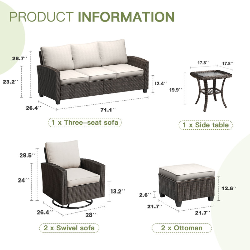 Ensemble de conversation d'extérieur en rotin 6 pièces avec coussins 6 pièces, Beige