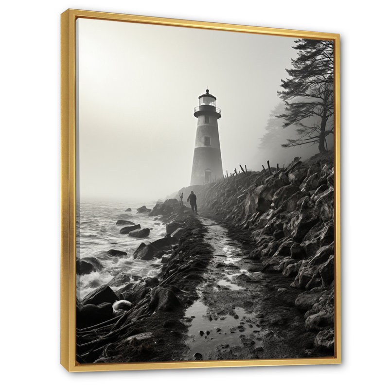 Phare Bansemer noir et blanc avec horizon brumeux, H 32 po x l 24 po x P 1 po, Cadre flottant doré