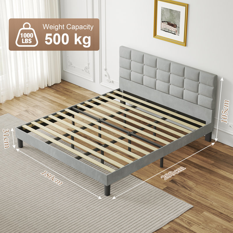 Velvet Upholstered Platform Bed with Headboard, Super King (6')