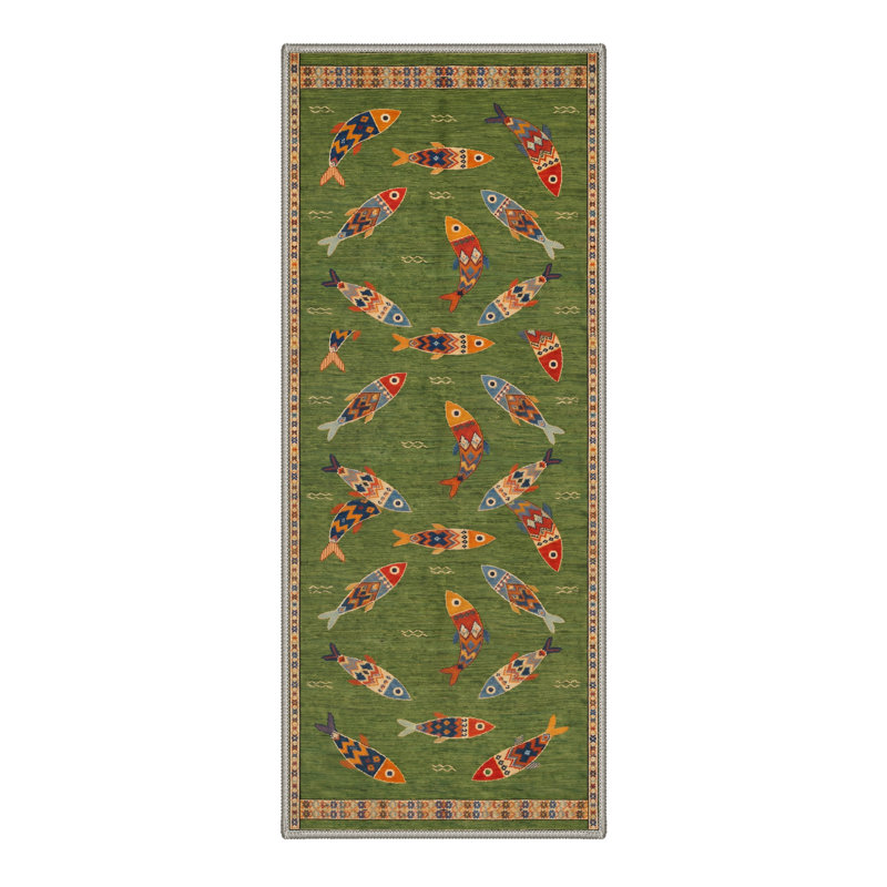 Tapis d'intérieur multicolore fantaisiste à motif géométrique de poissons multicolores, Tapis de couloir de 2 pi x 7 pi