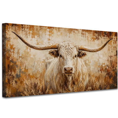 Extra Large Longhorn Bull Wall Art Prints, Rustic Highland Cow Canvas Wall Decor Painting, Vintage Western Bison Farm Animal Pictures, Earth Tone Artwork Statement for Living Room Bedroom Office, 12x24 inches
