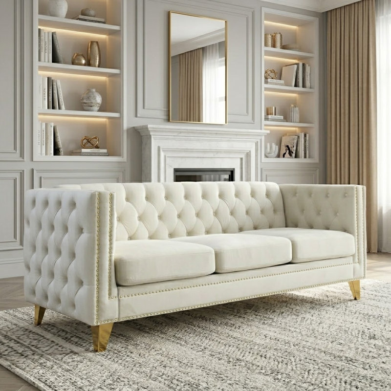 Amarillys 80.51'' Velvet Sofa, Beige Velvet