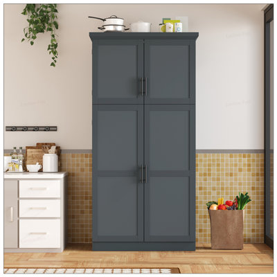 Armoire de cuisine autoportante avec 4 portes, 2 tablettes de porte, 8 plateaux coulissants et une tablette réglable pour un rangement efficace