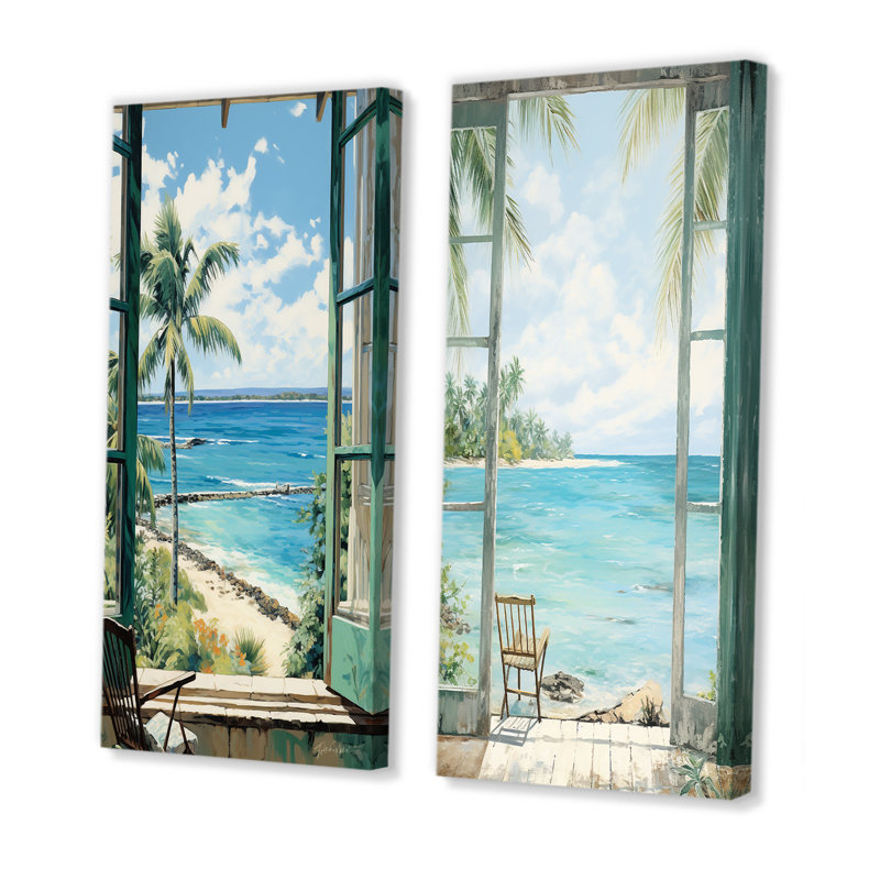 Fenêtres à la plage II - ensemble de 2 impressions sur toile côtières, Toile tendue, H 32 po x l 33 po