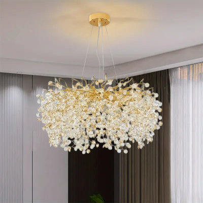 23.62" Modern Golden Branch Round Crystal Pendant, Sunflower Crystal, G9 Base, Excluding Light Bulb