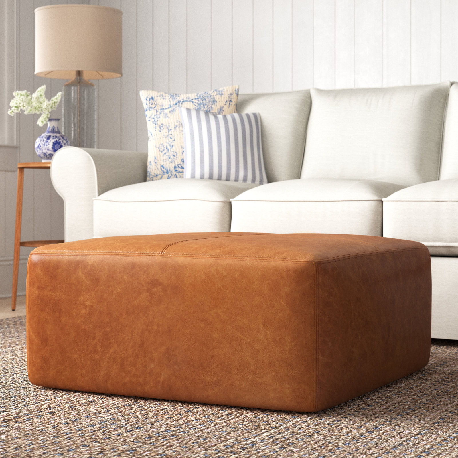 Heafield Square 35" Wide Full-Grain Genuine Italian Leather Ottoman, Cognac Tan Genuine Leather