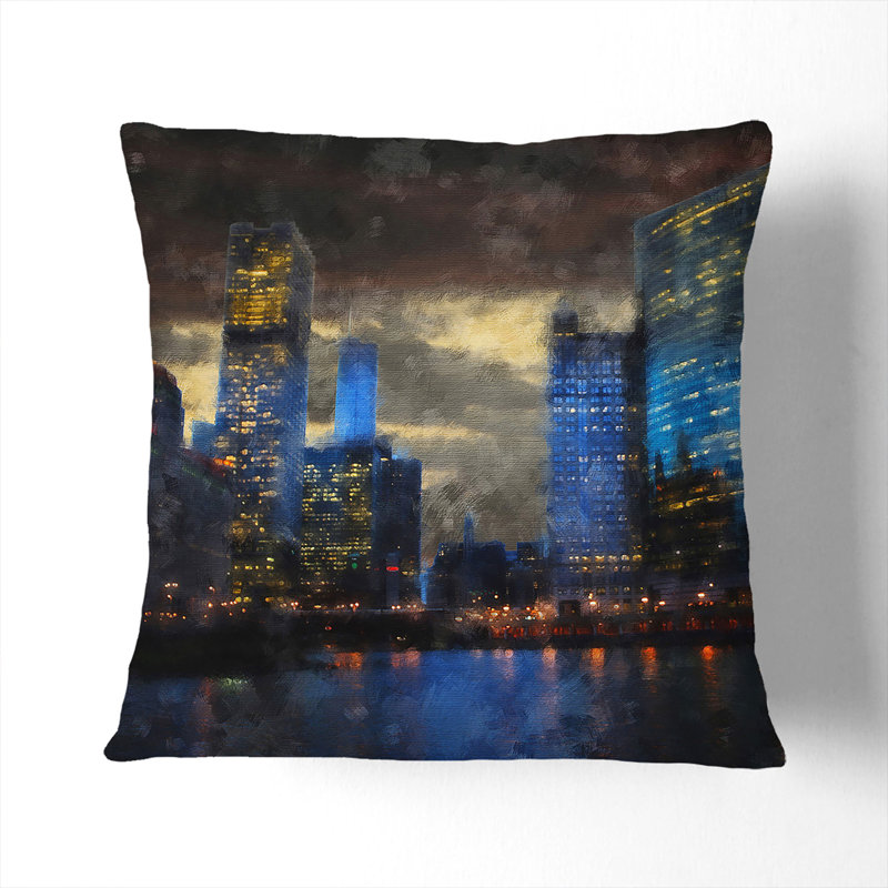 Downtown Chicago Skyline Square Throw Cushion, 40cm H x 40cm W x 15cm D, Black