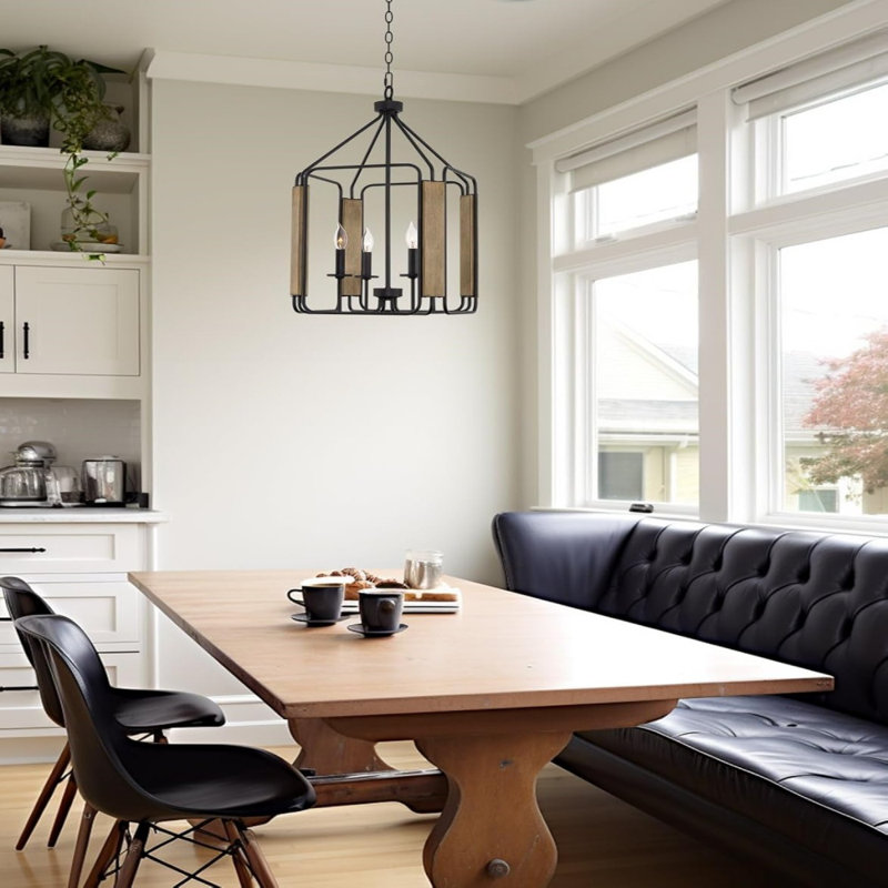 Luminaire suspendu de style lanterne de ferme moderne 28 po à 4 lumières, cadre ouvert géométrique, finition bouleau fumé