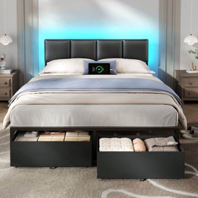 Cadre de lit grand silencieux avec lumières DEL et station de charge, pieds en métal robustes, 2 tiroirs de rangement, noir