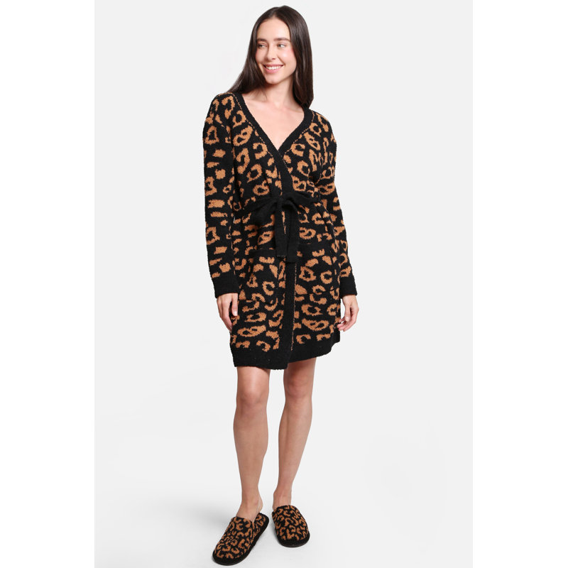 Leopard Pattern Luxury Soft Robe W/ Front Pockets Belt - BLACK, Black