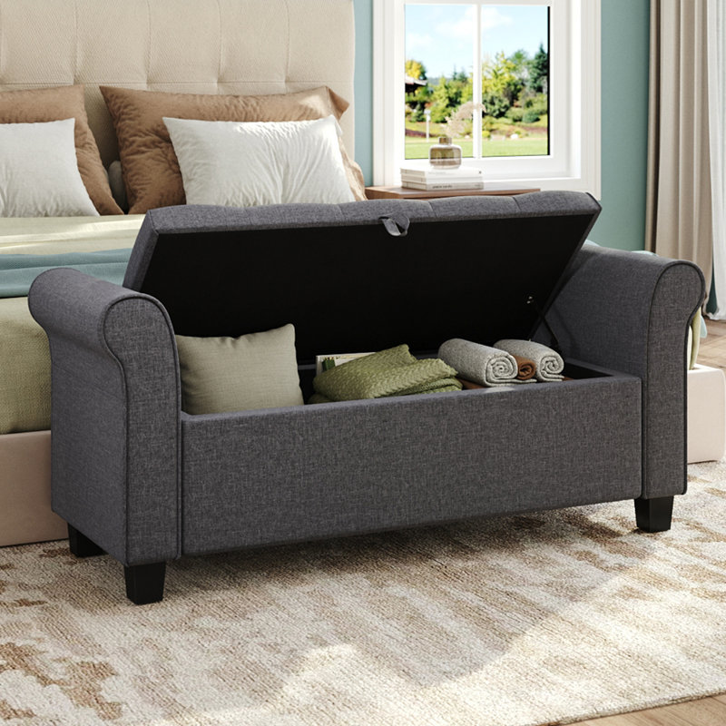 Elysian Linen Splayed Upholstered Armrest Storage Ottoman Bench Chaise, Dark Grey