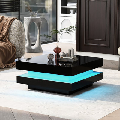 Table basse carrée à 2 lumières DEL, 31,5 po x 31,5 po x 14,2 po, blanc ultrabrillant, et table de salon polyvalente avec DEL, 2, finition blanche, tendance