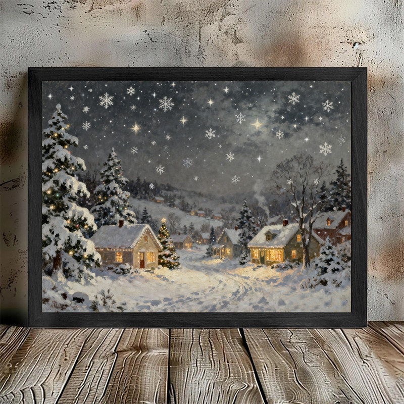 Art mural rétro noir, village de Noël classique, charmante nuit enneigée, paysage d'hiver, impressions encadrées