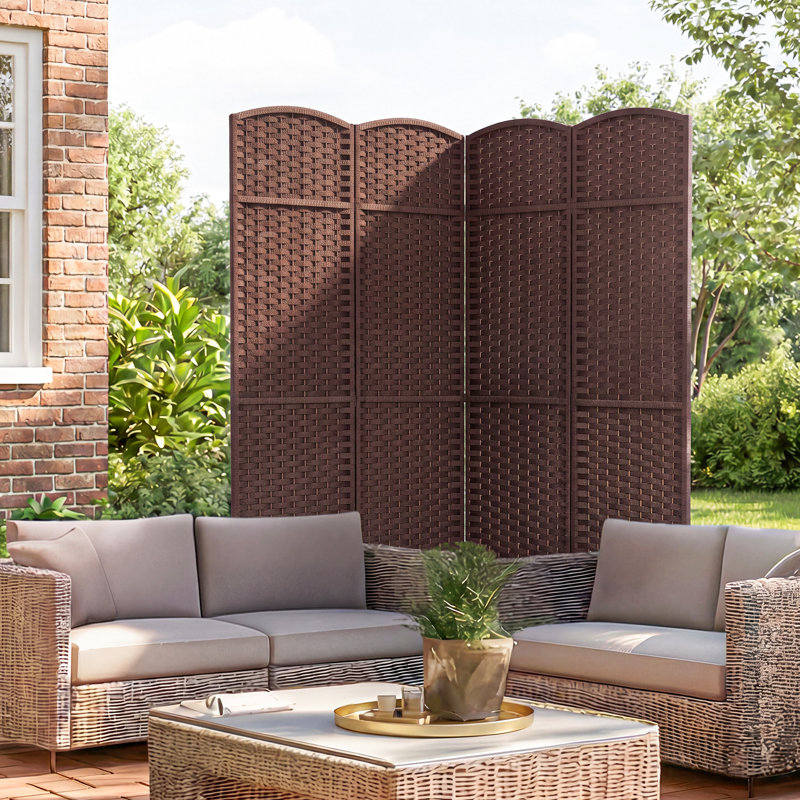 Paravent à 4 panneaux toutes saisons avec cloison d'intimité, cloison pliante durable avec cadre en pin robuste et brun moka en polypropylène résistant aux rayons UV et imperméable pour l'intérieur et l'extérieur