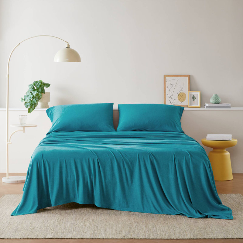 Ensemble de draps 4 pièces très grand en mélange de coton bleu sarcelle, Ensemble de draps pour très grand lit avec 2 taie