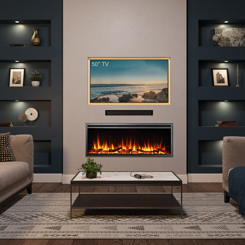 FLAMME Castello Slim Inset Electric Fireplace, Alexa Compatible, 1.8kW Heater, Remote, 16 Flame Colours, Logs & Crystals