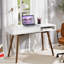 Bureau moderne blanc avec tiroirs, bureau d'écriture en bois avec casier de rangement ouvert