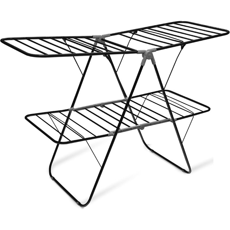 Support pliable à 2 niveaux, support à linge pliable intérieur / extérieur, fabrication en métal robuste et durable, séchoir à chaussures et à vêtements autoportant, style utilitaire moderne
