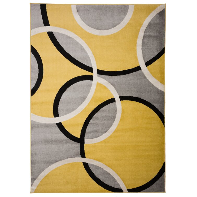 Modern Grey and Yellow Abstract Round Velvet Indoor Area Rug 4' x 4