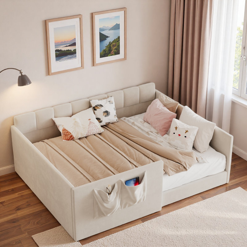 Velvet Upholstered Daybed With Side Storage Pockets And Grid Design, Beige, Full / Double