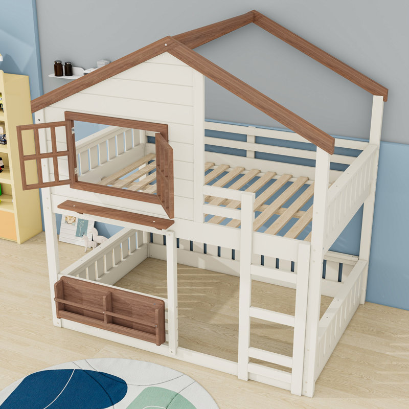 Lit superposé en bois avec bibliothèque, Beige / Naturel, Double