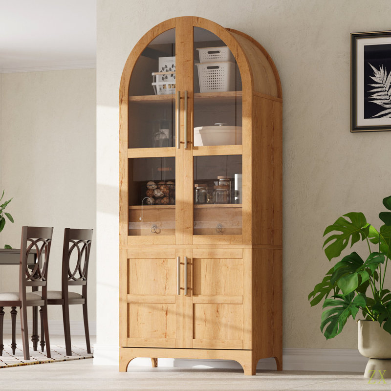Grand garde-manger arqué de 71 po avec tablettes de porte, armoire de rangement de style campagnard avec tablettes ouvertes et réglables, tiroir caché et porte vitrée, armoire de cuisine, salle à manger