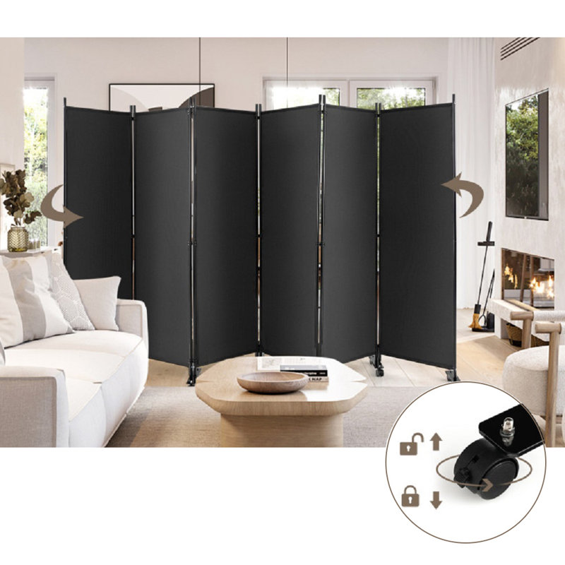 Paravent en métal à 6 panneaux pliables avec roues Mesilla l 132 po x H 68 po, gris