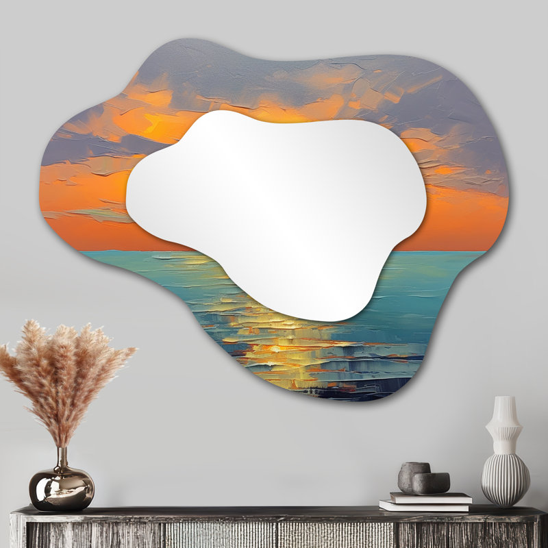 Coastal Serenity Orange Sunset Blue Serene Waves - grand miroir mural coucher de soleil, miroir asymétrique traditionnel, impression sur métal