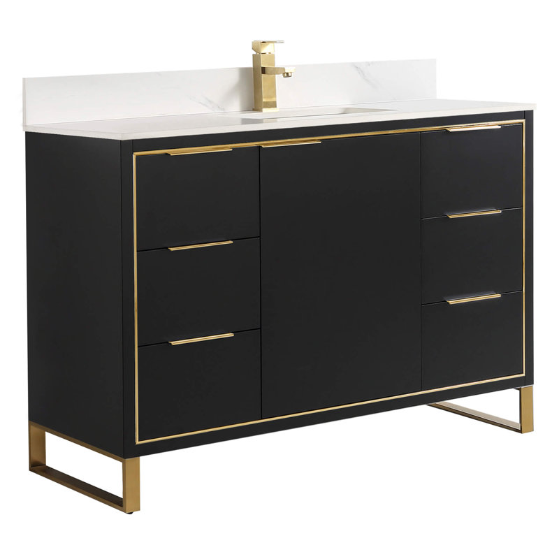 Meuble-lavabo simple autoportant 48 po avec plateau en pierre Gerwyn, Noir mat, Laiton satiné