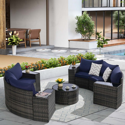 Ensemble de canapé d'extérieur modulaire demi-lune 11 pièces avec table basse ronde en verre trempé
