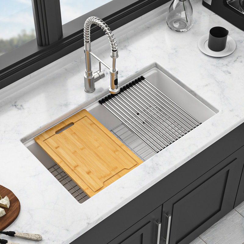 30X19" White Granite Composite Undermount Kitchen Sink, & Quiet, Non - Porous Surface, Package With Cutting Board Drying Roll Up Rack 30X19", White, Composite, Workstation, Undermount, , Scratch