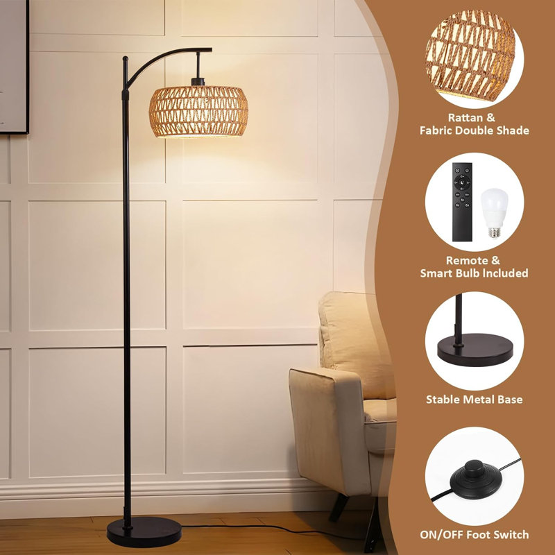 Lampe sur pied Arc avec télécommande en rotin naturel 100% tissé à la main