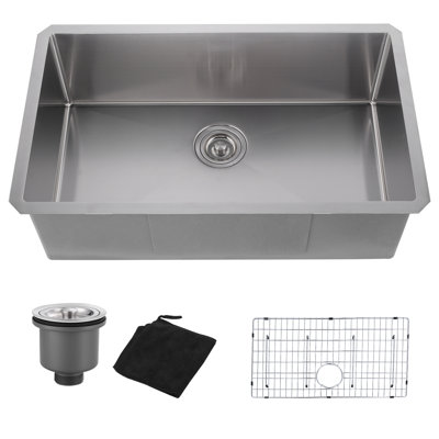 32 po Évier de cuisine à cuve simple à montage sur plan / encastrable en acier inoxydable de calibre 16 avec grilles de fond et crépine