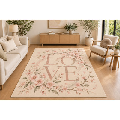 "Ultra Thin" 5' x 7' Cherry Blossom LOVE Wreath Area Rug, Soft Low Pile Indoor Rug with Non-Slip Silicone Backing for Living Room, Bedroom, Office, Family Room, Cream Blush Pink