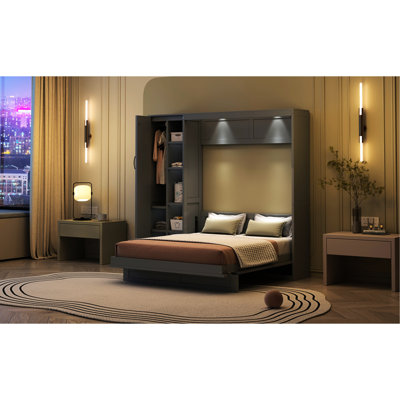 Gray Wall Bed With Shelves, Wardrobe, Led Lights - Space Saving Option Full Size Sophistication