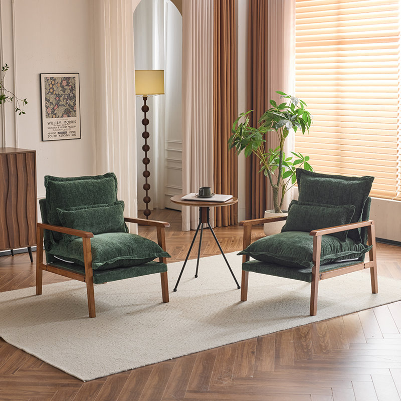 2Pcs Chenille Accent Chair Armchair With Pillow, Green