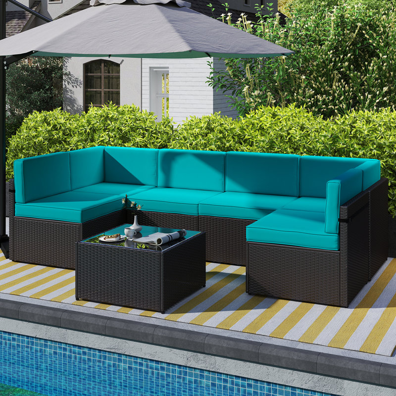 6 - Person Patio Conversation Sets with Cushions, Turquoise