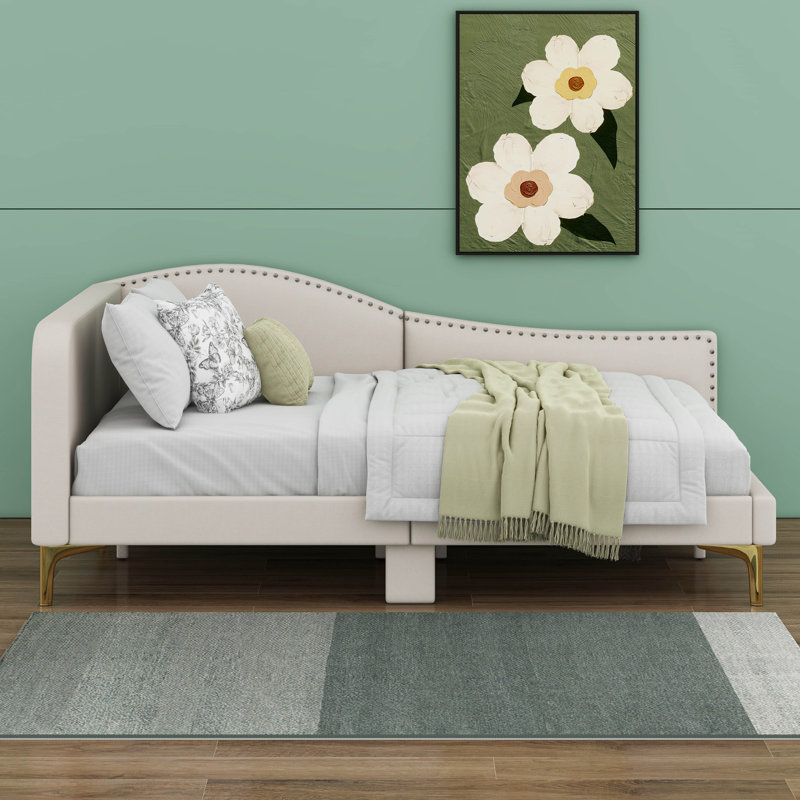 Aliccia Upholstered Daybed with Headboard and Armrest, Beige, Full