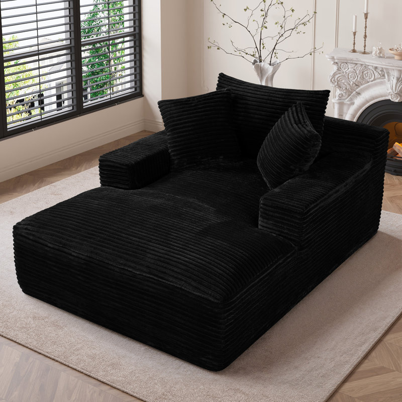 50'' Faux Fur Compression Bean Bag Chair Oversized Chaise Lounge Chair with Pillows, Black Faux Fur