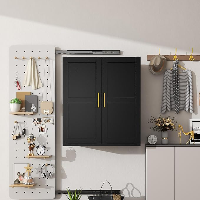 Metal Bathroom Wall Cabinet with Door and Adjustable Shelves, Kitchen Hanging Cabinets, Buffet Sideboard Cabinet, Floor Cupboard, Over The Toilet Storage Cabinets, Black Wall-Mounted Cabinet