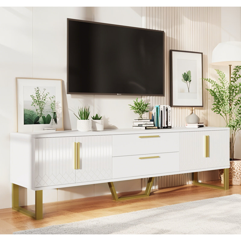 Meuble télé 66,9 po avec tiroirs ultrabrillants, Blanc