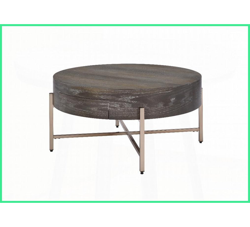 Table basse en forme de tambour brun clair avec placage de chêne, base en métal et amp; Tiroir de rangement pour le salon