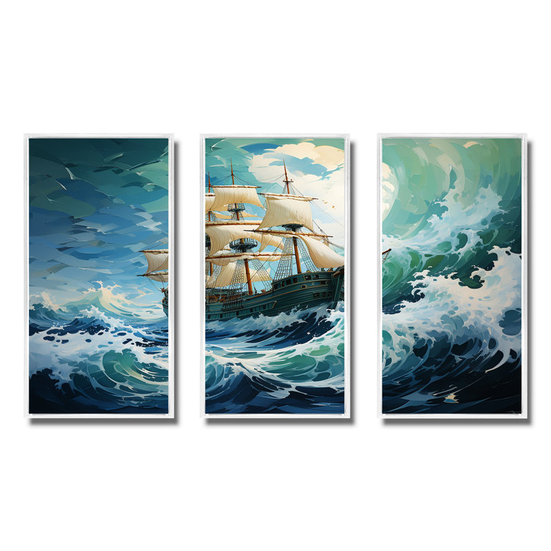 The Pirate Boat Odyssey's Voyage I - Art mural classique, Cadre flottant blanc, H 32 po x l 48 po