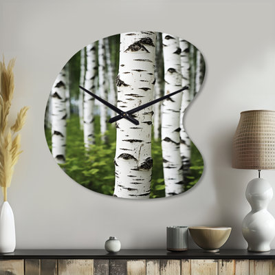 White Green Birch Tree Whispers III - Birch Asymmetrical Metal Wall Clock, Green Irregular Shape Wall Clock Print