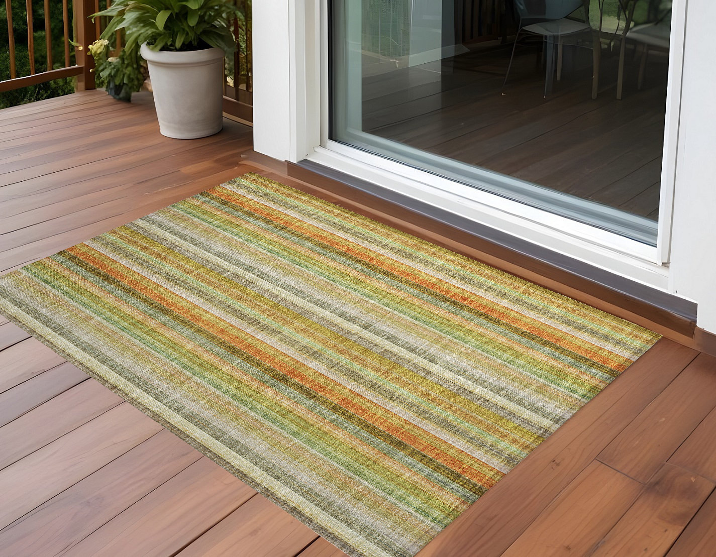HomeRoots 2' X 3' Tan Orange and Green Striped Washable Non Skid Indoor ...