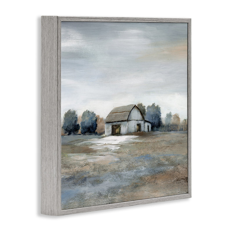 Neutral Tones Countryside Barn Landscape Canvas Print with Gray Frame