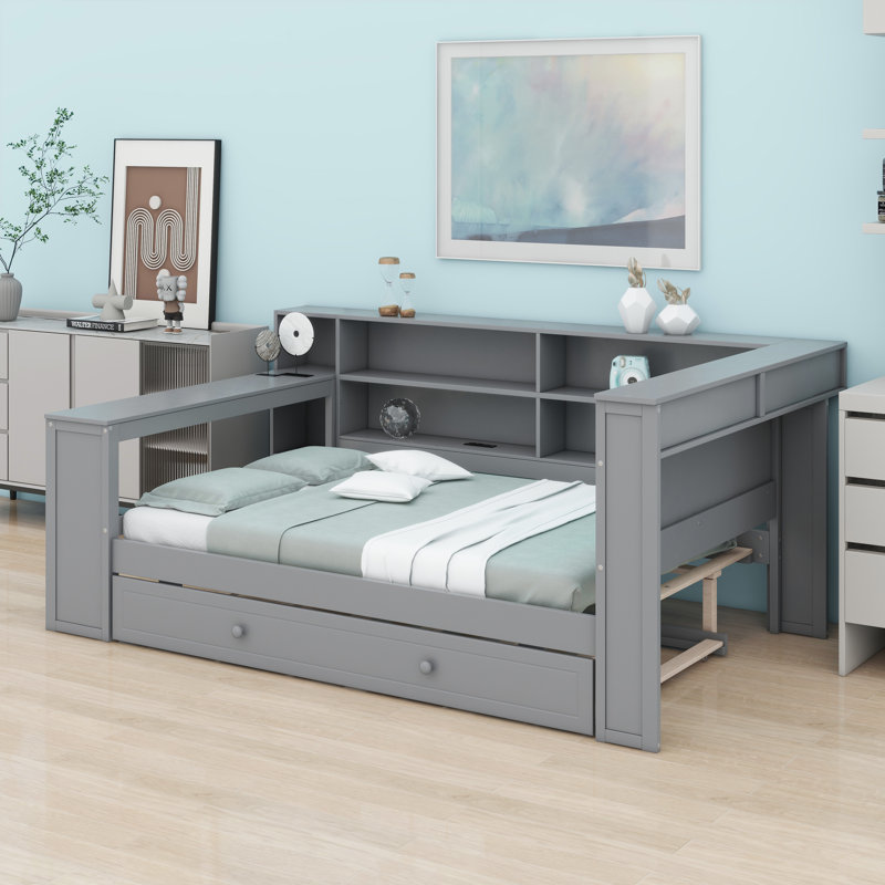 Platform Bed With Storage Shelves, Trundle, Gray