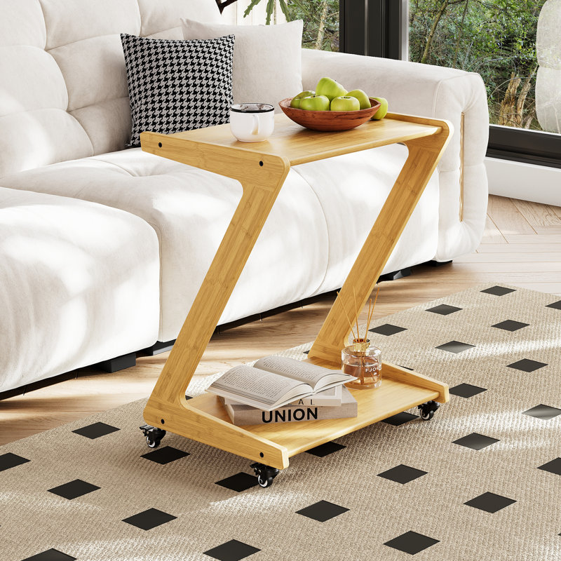 Table de bout en bois massif H 25,6 po à 2 niveaux avec roulettes pour le salon et la chambre à coucher