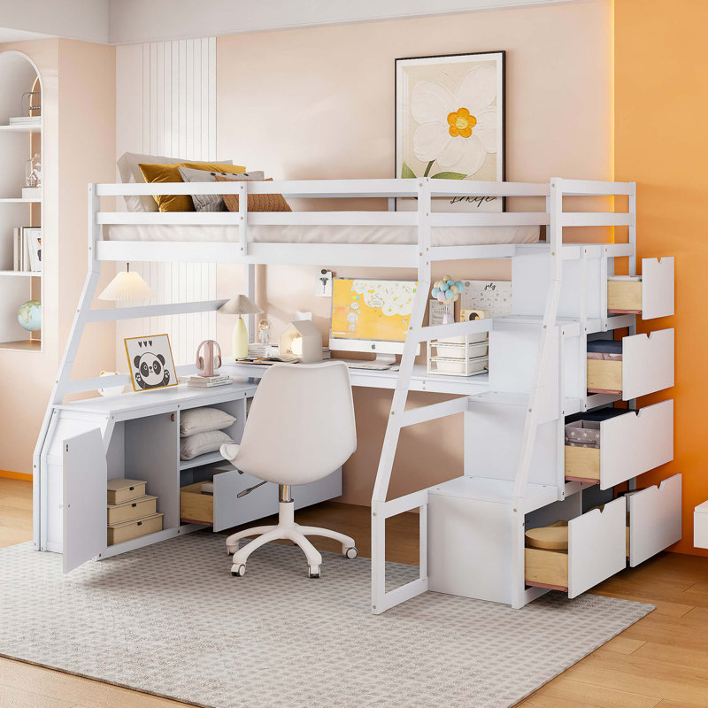 Lit mezzanine double avec bureau, sept tiroirs et 2 tablettes, Double, Blanc