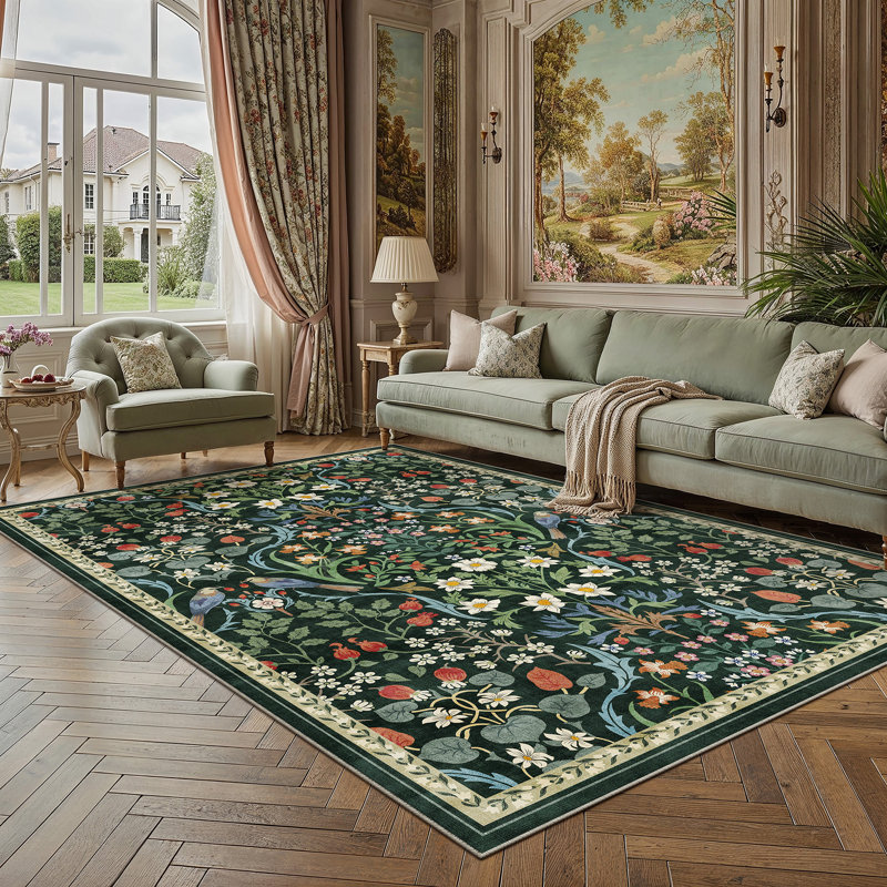 Tapis floral lavable en machine avec envers antidérapant Guston, Green, 0.35", Rectangle 6 pi x 9 pi